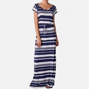 Splendid Blue White Striped Maxi Dress Scoop Neck Short Sleeve L